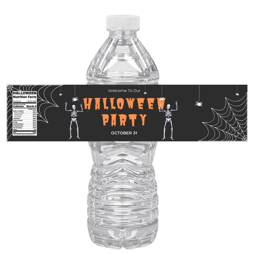 Happy Halloween Water Bottle Labels | Spooky Skeleton Party Decor | Fun Halloween Nutrition Facts Design | 12