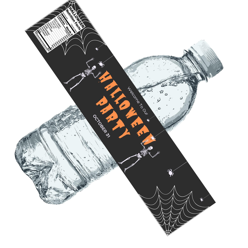Happy Halloween Water Bottle Labels | Spooky Skeleton Party Decor | Fun Halloween Nutrition Facts Design | 12