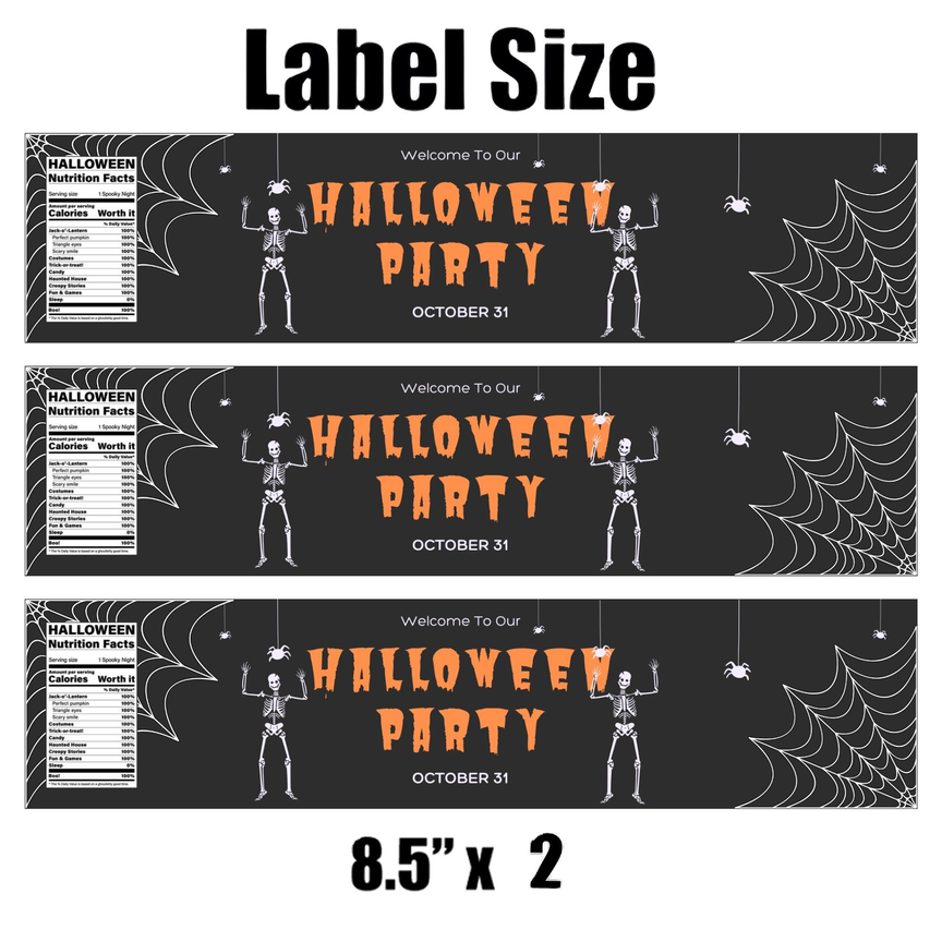 Happy Halloween Water Bottle Labels | Spooky Skeleton Party Decor | Fun Halloween Nutrition Facts Design | 12