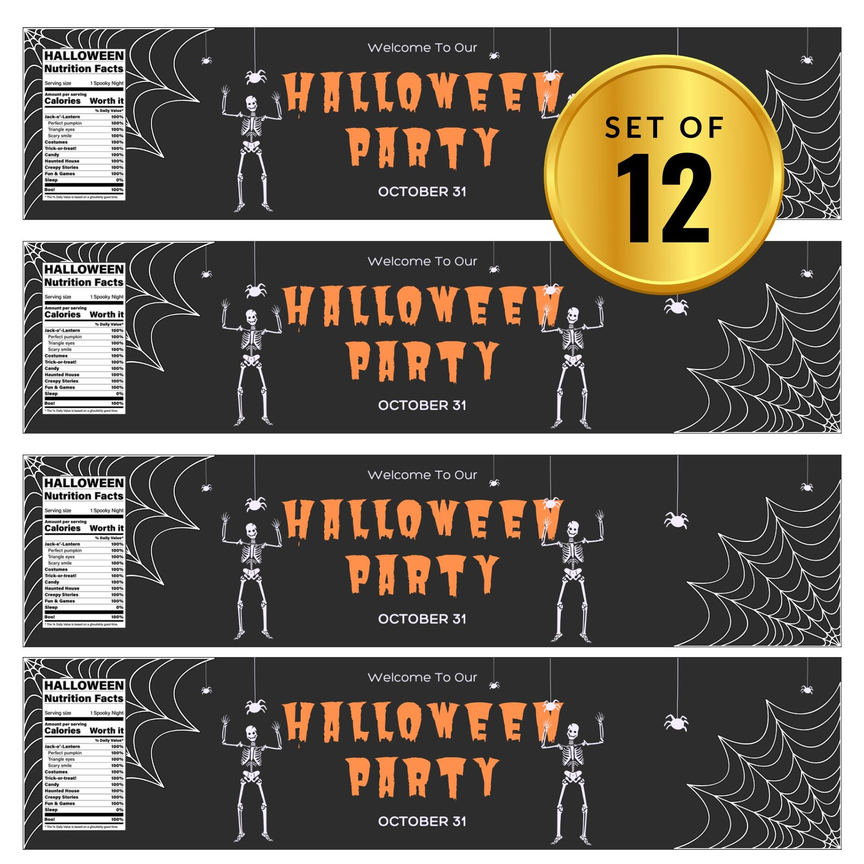 Happy Halloween Water Bottle Labels | Spooky Skeleton Party Decor | Fun Halloween Nutrition Facts Design | 12