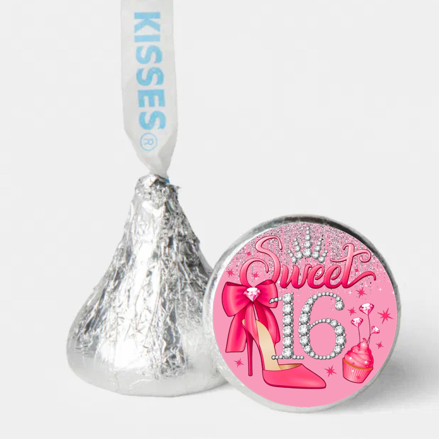 Sweet 16 Birthday Candy Labels | Mini Kiss Candy Stickers | Chocolate Party Favors | Sixteenth Celebration Theme | Set of 100