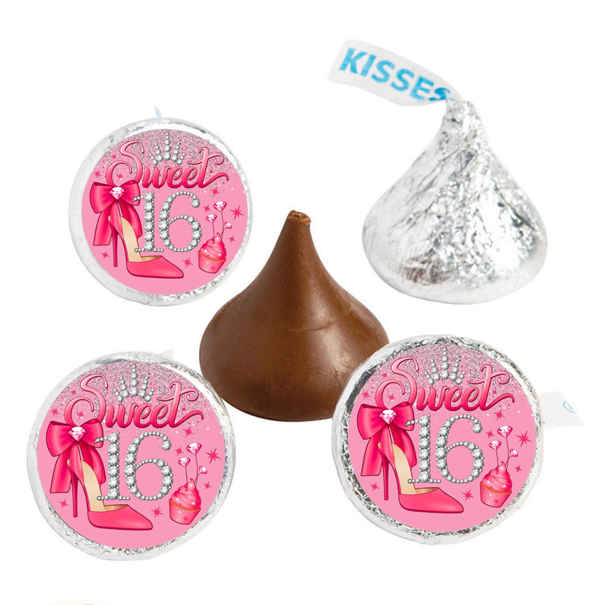 Sweet 16 Birthday Candy Labels | Mini Kiss Candy Stickers | Chocolate Party Favors | Sixteenth Celebration Theme | Set of 100
