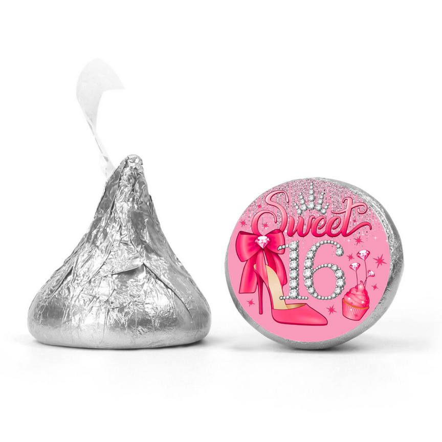 Sweet 16 Birthday Candy Labels | Mini Kiss Candy Stickers | Chocolate Party Favors | Sixteenth Celebration Theme | Set of 100
