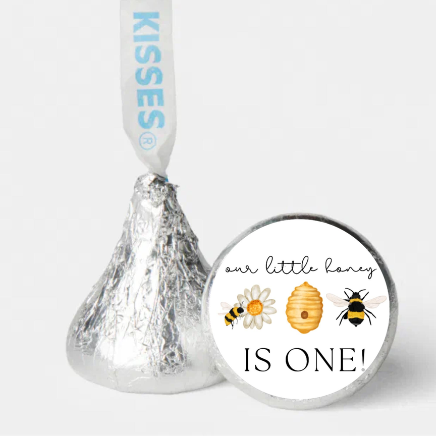 A Little Honey Is One Mini Kiss Labels | Chocolate Candy Stickers | First Birthday Favors | Bumble Bee Design | Glossy| Set of 100