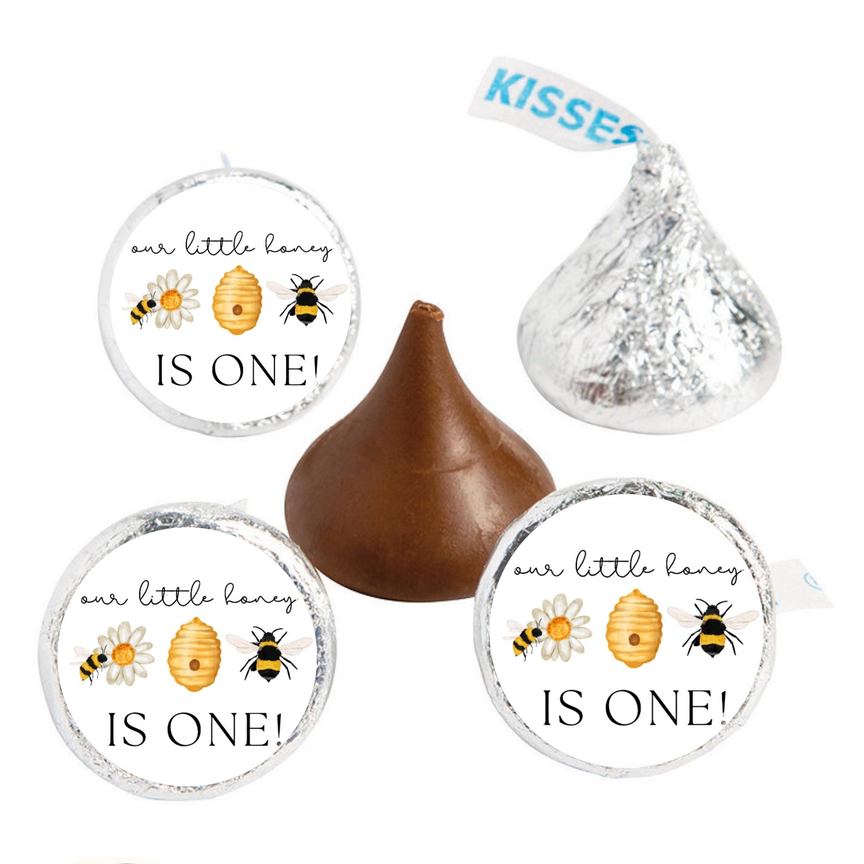 A Little Honey Is One Mini Kiss Labels | Chocolate Candy Stickers | First Birthday Favors | Bumble Bee Design | Glossy| Set of 100