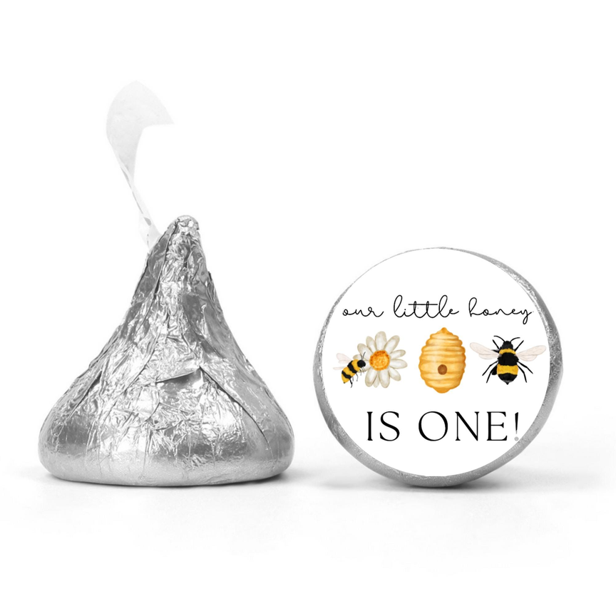 A Little Honey Is One Mini Kiss Labels | Chocolate Candy Stickers | First Birthday Favors | Bumble Bee Design | Glossy| Set of 100