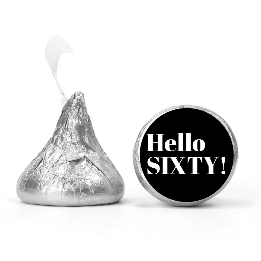 Hello Sixty Birthday Mini Kiss Labels | Chocolate Candy Stickers | 60th Birthday Theme | Elegant Party Favors | Glossy Set of 100