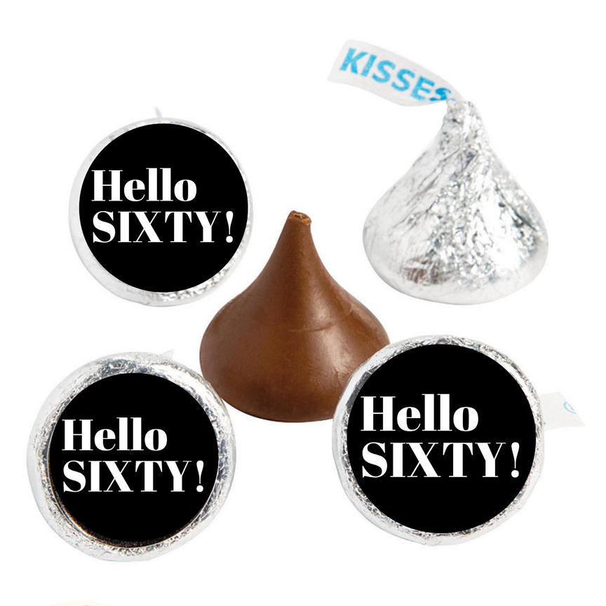 Hello Sixty Birthday Mini Kiss Labels | Chocolate Candy Stickers | 60th Birthday Theme | Elegant Party Favors | Glossy Set of 100