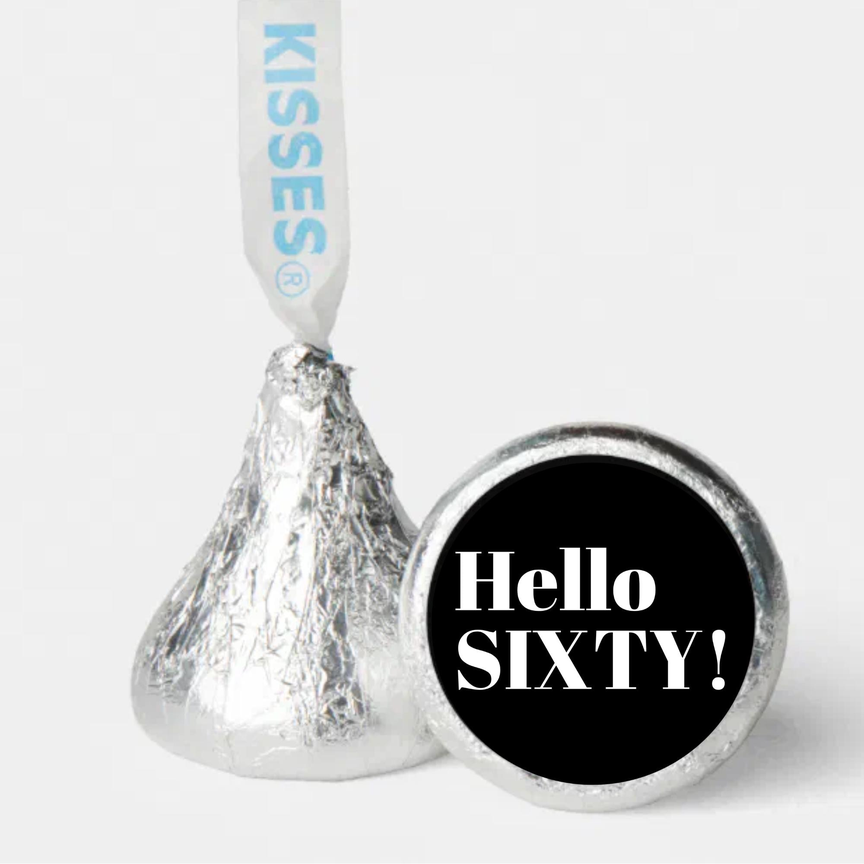 Hello Sixty Birthday Mini Kiss Labels | Chocolate Candy Stickers | 60th Birthday Theme | Elegant Party Favors | Glossy Set of 100