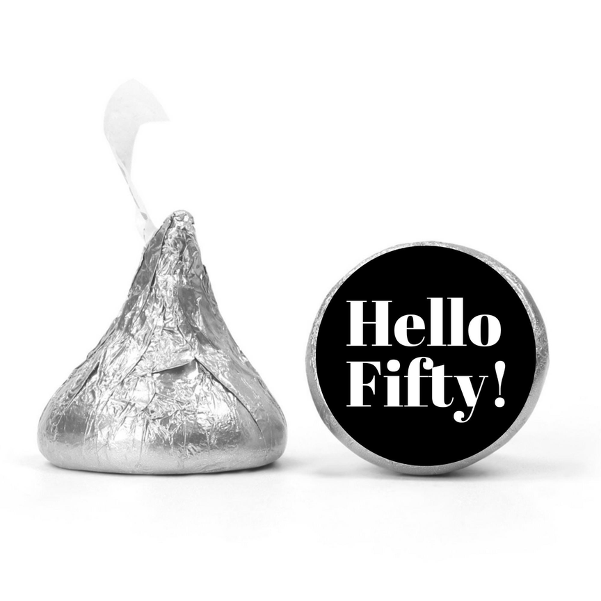 Hello Fifty Birthday Mini Kiss Labels |Chocolate Candy Stickers | 50th Birthday Theme | Elegant Party Favors | Glossy Set of 100