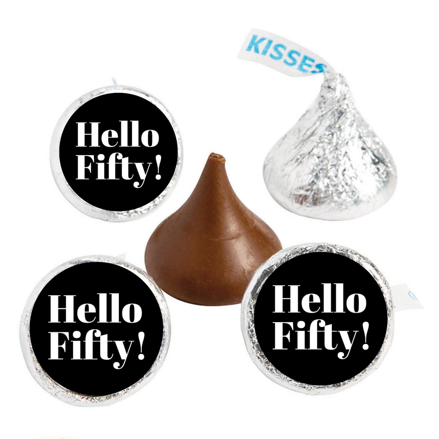 Hello Fifty Birthday Mini Kiss Labels |Chocolate Candy Stickers | 50th Birthday Theme | Elegant Party Favors | Glossy Set of 100