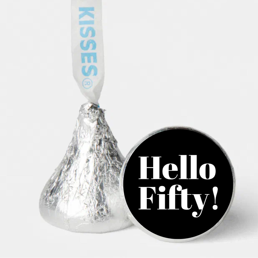 Hello Fifty Birthday Mini Kiss Labels |Chocolate Candy Stickers | 50th Birthday Theme | Elegant Party Favors | Glossy Set of 100
