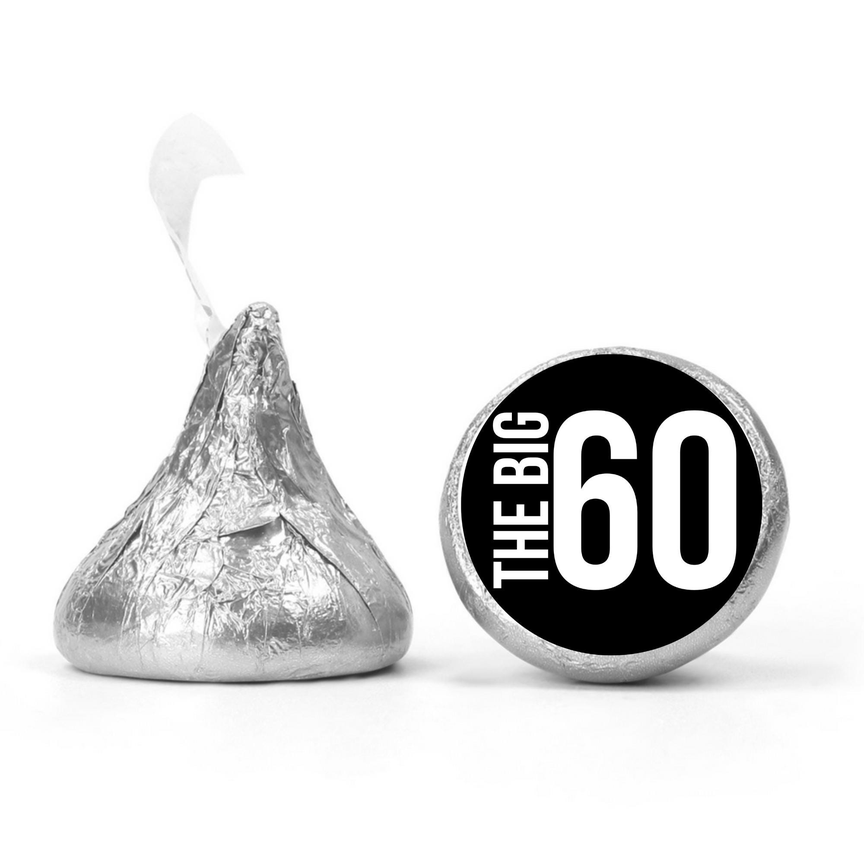 The Big 60 Birthday Mini Kiss Labels | Chocolate Candy Stickers | 60th Birthday Theme | Elegant Party Favors | Glossy Set of 100