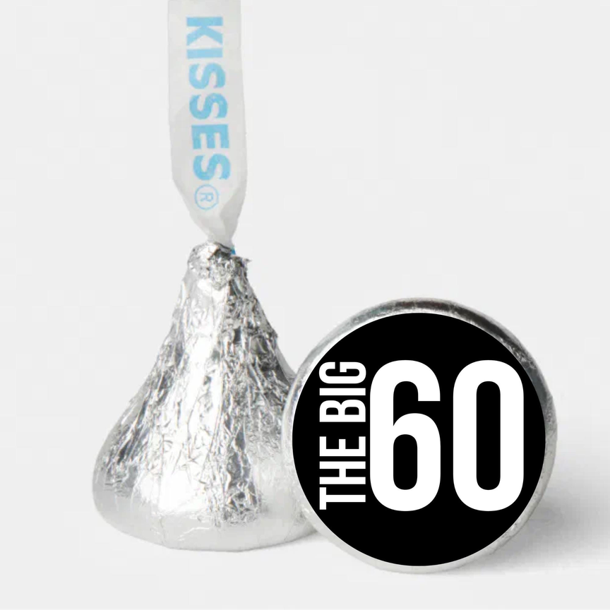 The Big 60 Birthday Mini Kiss Labels | Chocolate Candy Stickers | 60th Birthday Theme | Elegant Party Favors | Glossy Set of 100