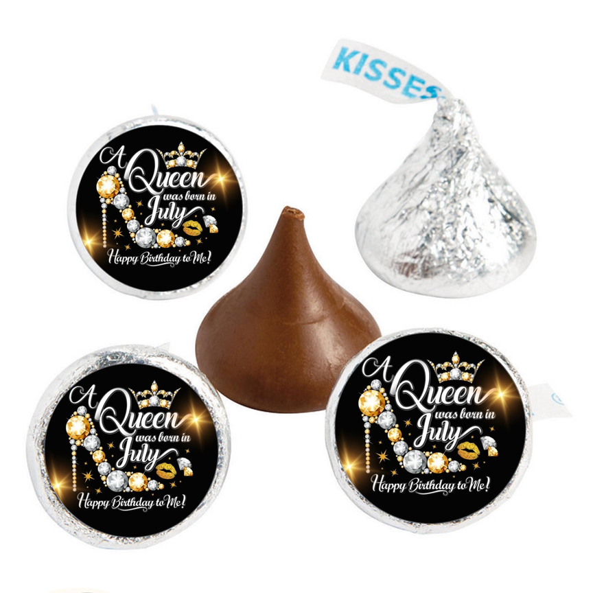 July Birthday Queen | Mini Kiss Labels | Chocolate Candy Stickers |Set of 100 | High Heel Theme | Elegant Party Stickers
