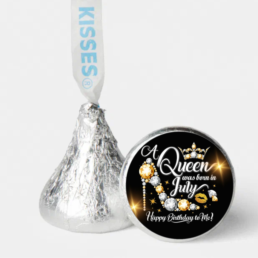 July Birthday Queen | Mini Kiss Labels | Chocolate Candy Stickers |Set of 100 | High Heel Theme | Elegant Party Stickers