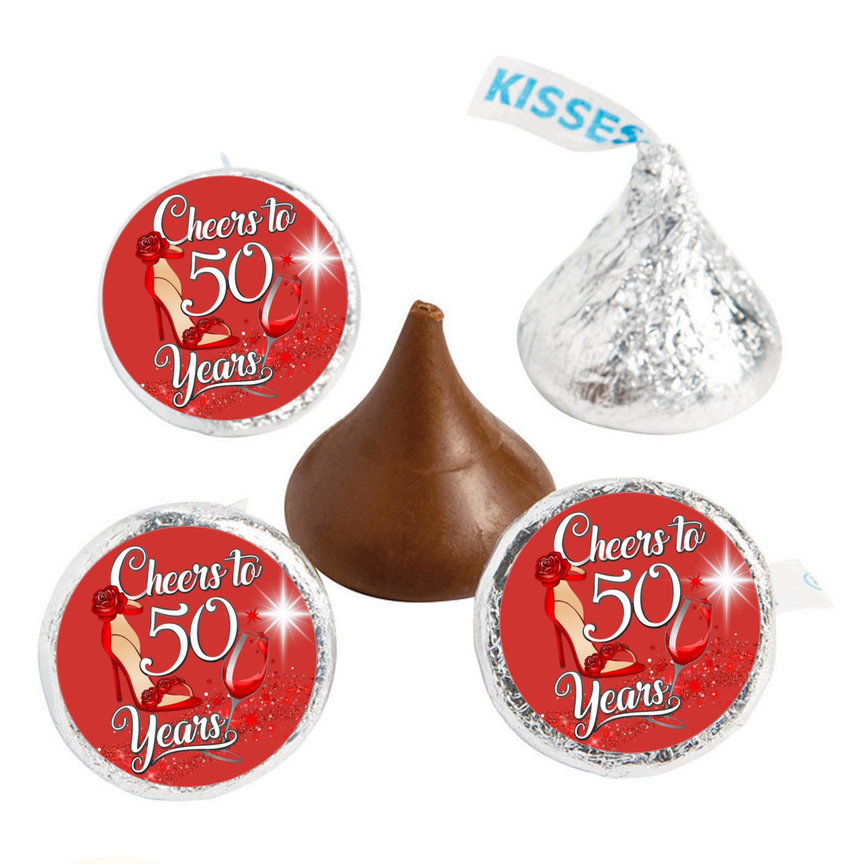 50th Birthday Party Mini Kiss Labels | Chocolate Candy Stickers | Cheers To 50 years | High Heel Theme | Elegant Party Favors | Set of 100