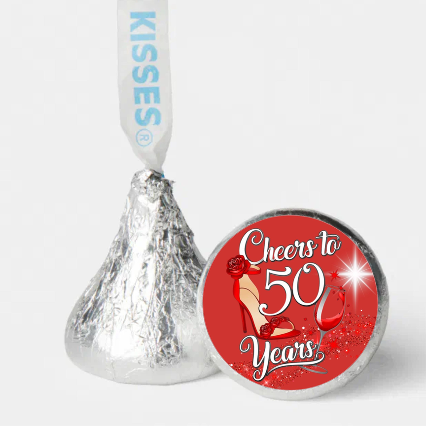50th Birthday Party Mini Kiss Labels | Chocolate Candy Stickers | Cheers To 50 years | High Heel Theme | Elegant Party Favors | Set of 100