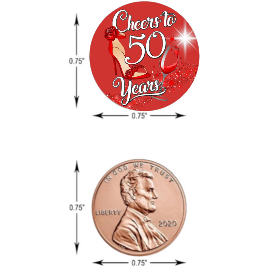 50th Birthday Party Mini Kiss Labels | Chocolate Candy Stickers | Cheers To 50 years | High Heel Theme | Elegant Party Favors | Set of 100