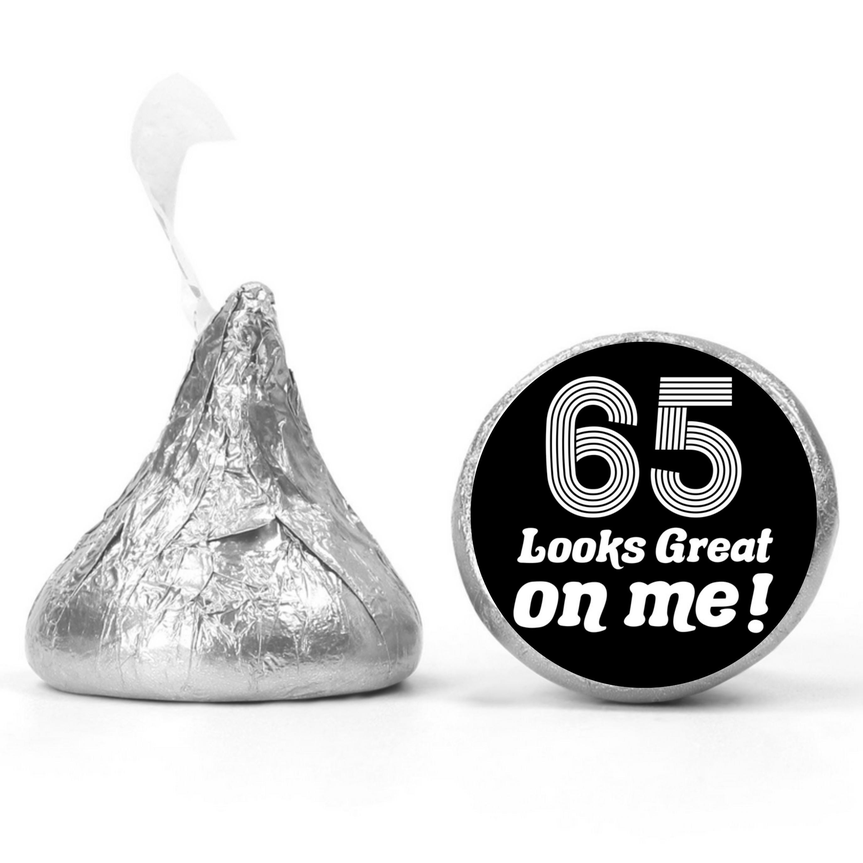 65th Birthday Party Mini Kiss Candy Labels | Chocolate Candy Stickers | 65 Looks Good on me| Elegant Party Favors |Set of 100