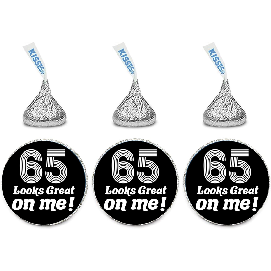 65th Birthday Party Mini Kiss Candy Labels | Chocolate Candy Stickers | 65 Looks Good on me| Elegant Party Favors |Set of 100