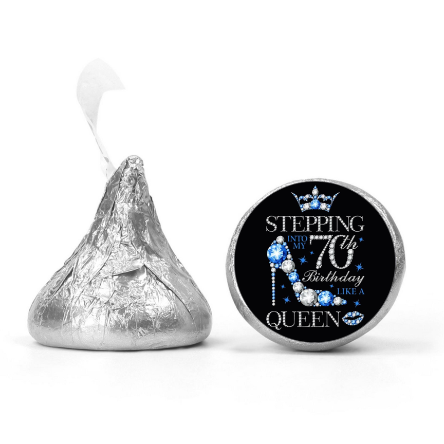 70th Birthday Party Mini Kiss Labels | Chocolate Candy Stickers | Stepping Into 70th Like A Queen Theme | Set of 100| Glossy