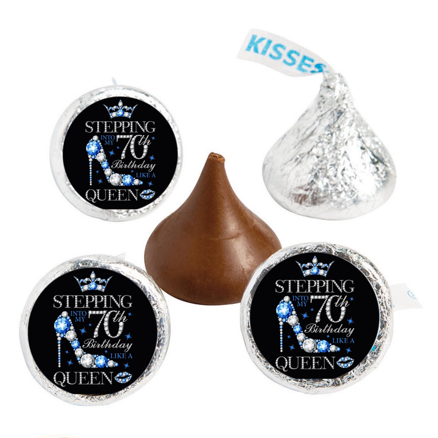 70th Birthday Party Mini Kiss Labels | Chocolate Candy Stickers | Stepping Into 70th Like A Queen Theme | Set of 100| Glossy