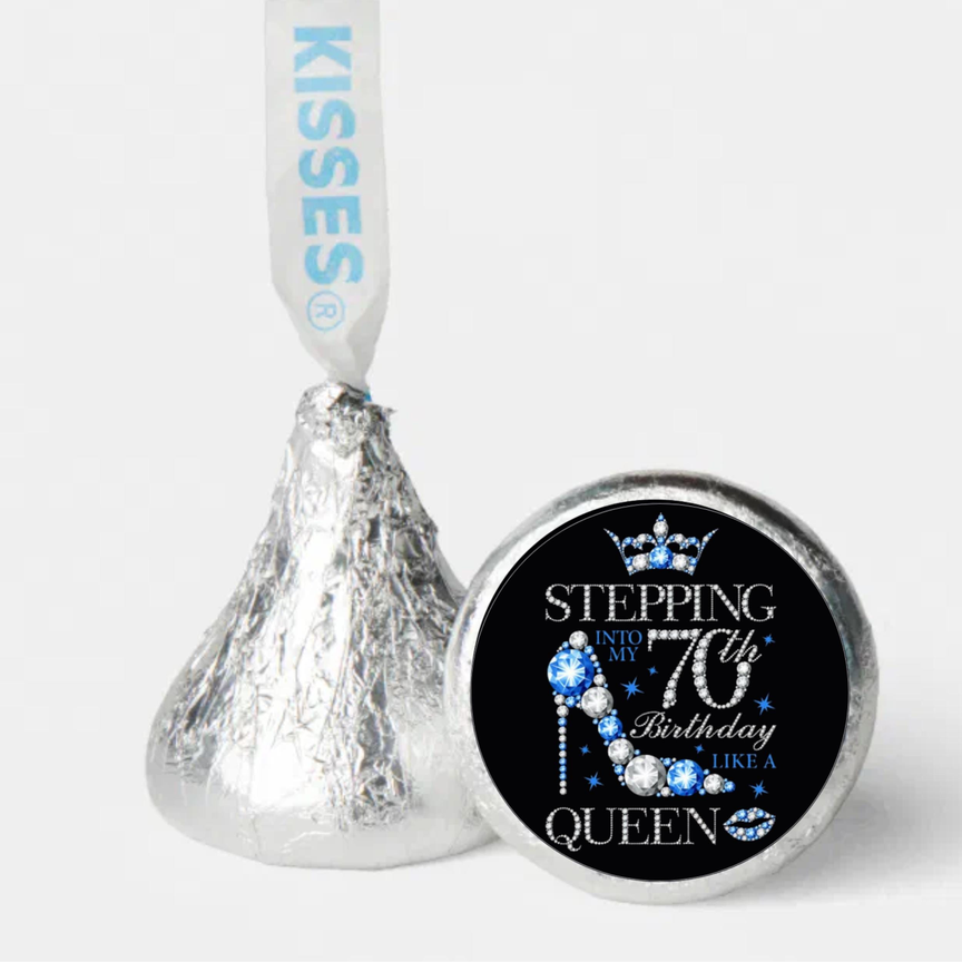 70th Birthday Party Mini Kiss Labels | Chocolate Candy Stickers | Stepping Into 70th Like A Queen Theme | Set of 100| Glossy