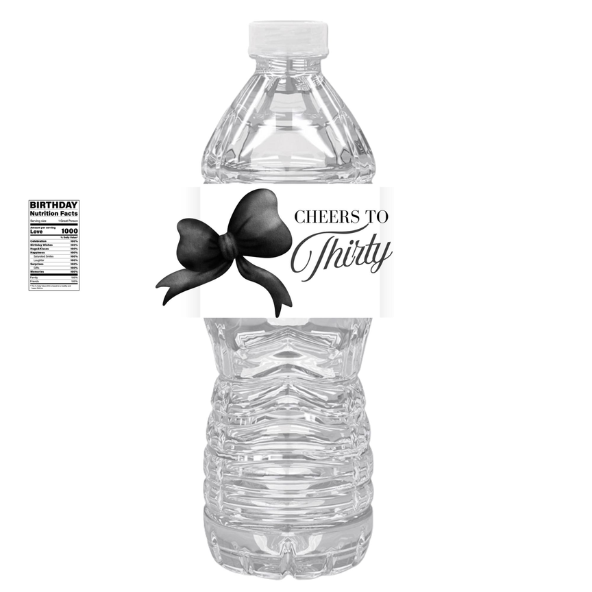 Cheers To Thirty Water Bottle Labels | Set Of 12 |30th Birthday Party Favors | Elegant | Ribbon Design| Drink Wraps
