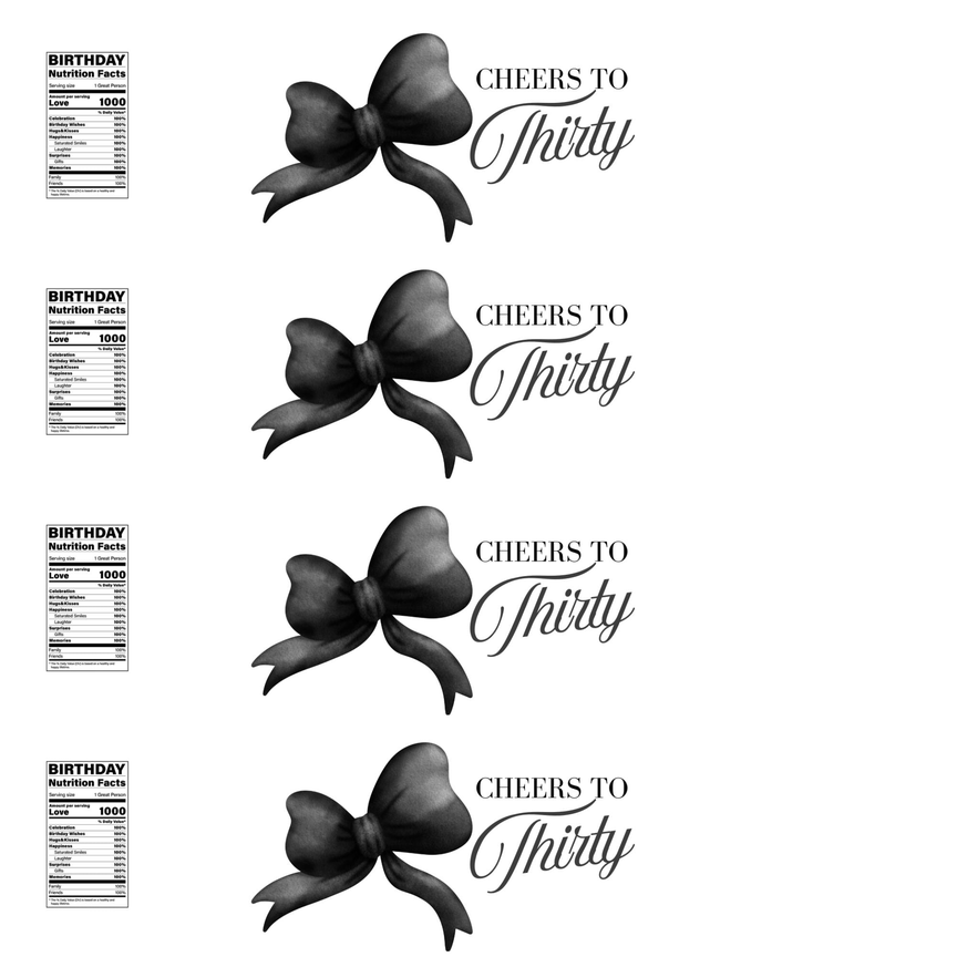 Cheers To Thirty Water Bottle Labels | Set Of 12 |30th Birthday Party Favors | Elegant | Ribbon Design| Drink Wraps