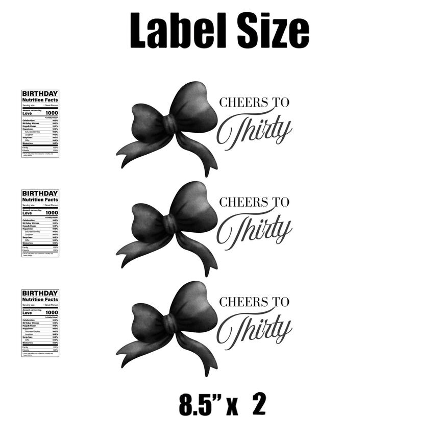 Cheers To Thirty Water Bottle Labels | Set Of 12 |30th Birthday Party Favors | Elegant | Ribbon Design| Drink Wraps