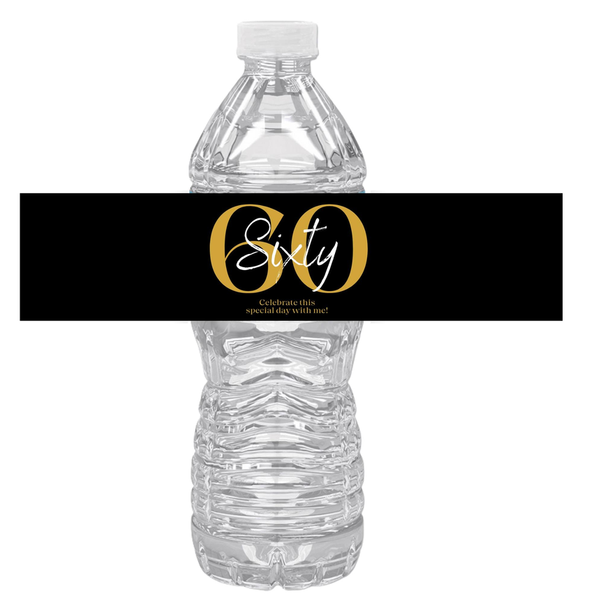 Sixty Birthday Party Water Bottle Labels | Set Of 12 | 60th Milestone Favors | Elegant Drink Wraps