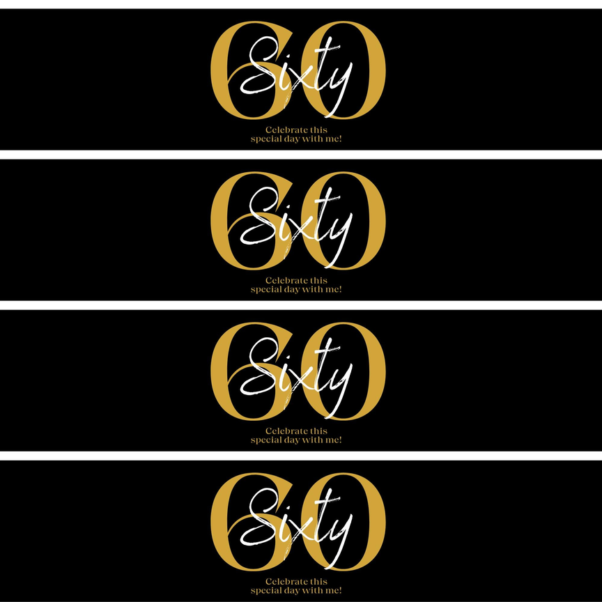 Sixty Birthday Party Water Bottle Labels | Set Of 12 | 60th Milestone Favors | Elegant Drink Wraps