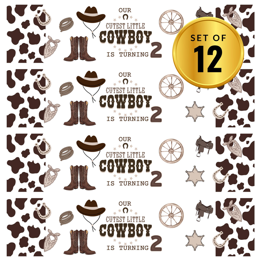 Our Cutest Little Cowboy Is Turning 2| 2nd Birthday Water Bottles | Set Of 12| Western Theme