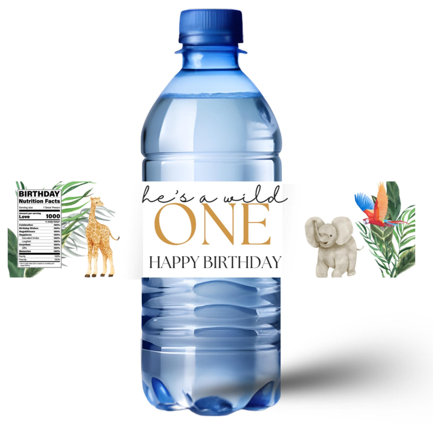 Safari 1st Birthday Water Bottle Labels | He's a Wild One Theme | Glossy Party Decor | Peel and Stick