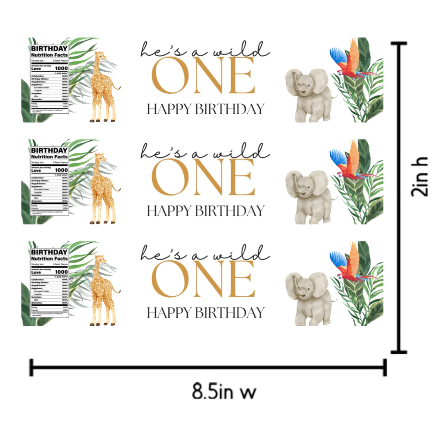 Safari 1st Birthday Water Bottle Labels | He's a Wild One Theme | Glossy Party Decor | Peel and Stick