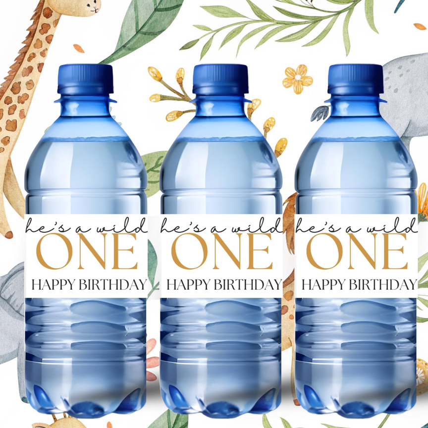 Safari 1st Birthday Water Bottle Labels | He's a Wild One Theme | Glossy Party Decor | Peel and Stick