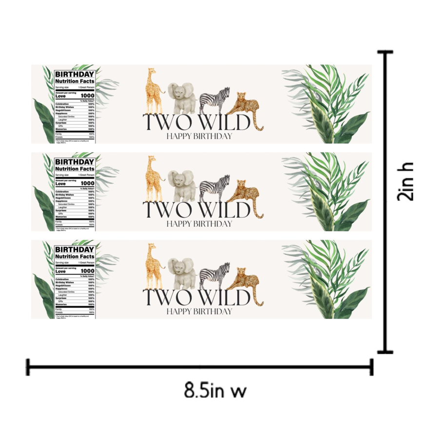 Safari 2nd Birthday Water Bottle Labels | Two Wild Theme | Glossy Wild Animal Party Decor | Peel and Stick