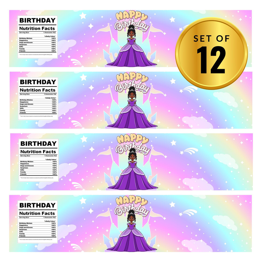 Princess Happy Birthday Water Bottle Labels | Set Of 12 | Girls Royal Party | Princess Theme Decor | Drink Wraps
