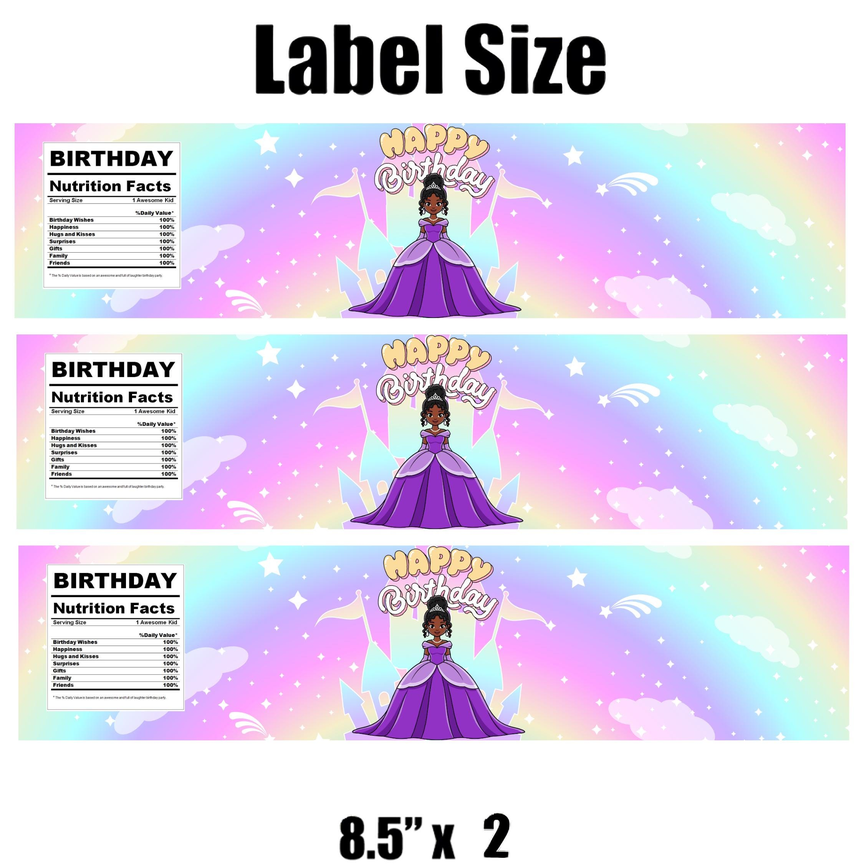 Princess Happy Birthday Water Bottle Labels | Set Of 12 | Girls Royal Party | Princess Theme Decor | Drink Wraps