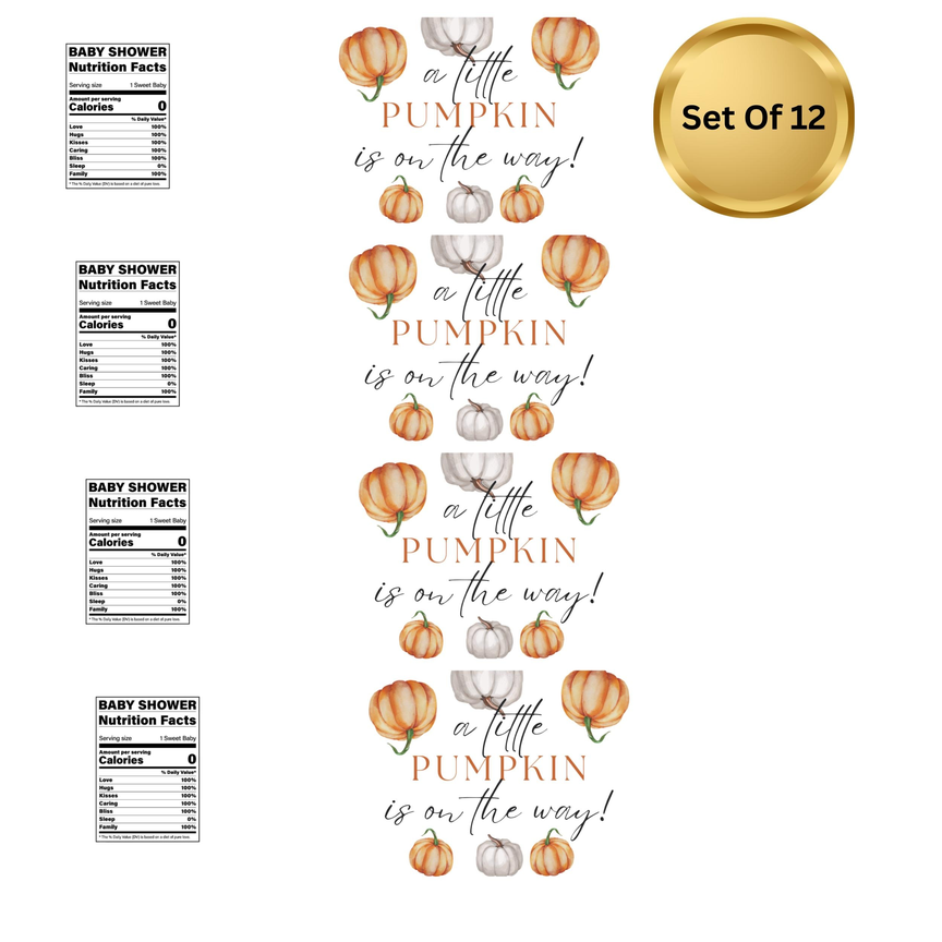 A Little Pumpkin Is On The Way| Baby Shower Water Bottle Labels | Set Of 12| Pumpkin Theme Party Decor | Fall Baby Celebration | Drink Wraps