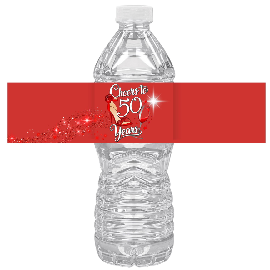 Cheers To 50 Years Birthday Party  Water Bottle Labels | Set Of 12 | High Heel Theme | Glossy Drink Wraps