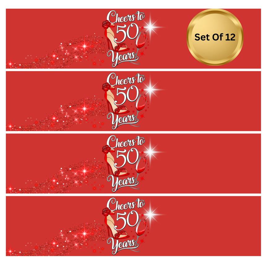 Cheers To 50 Years Birthday Party  Water Bottle Labels | Set Of 12 | High Heel Theme | Glossy Drink Wraps