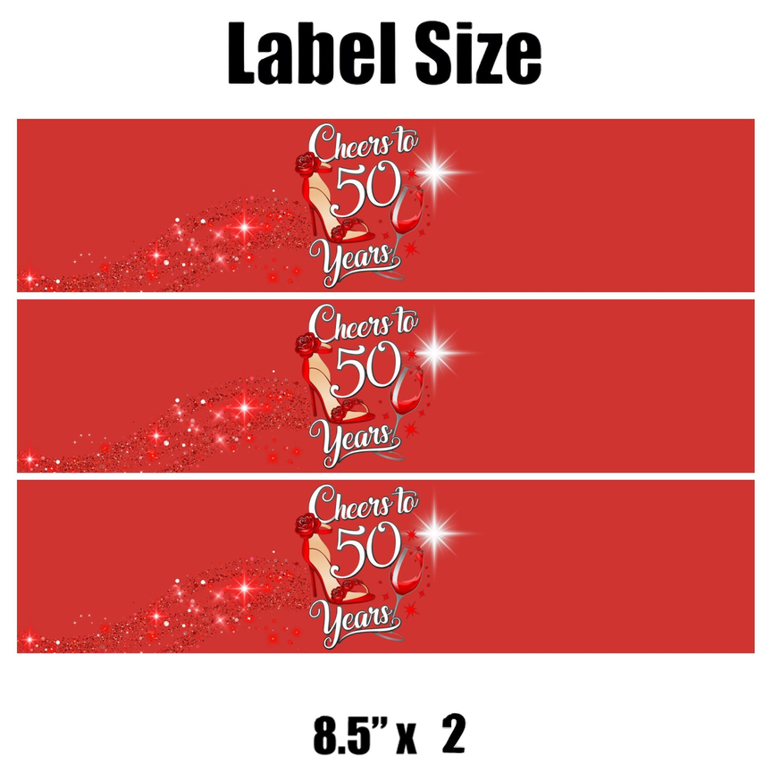 Cheers To 50 Years Birthday Party  Water Bottle Labels | Set Of 12 | High Heel Theme | Glossy Drink Wraps