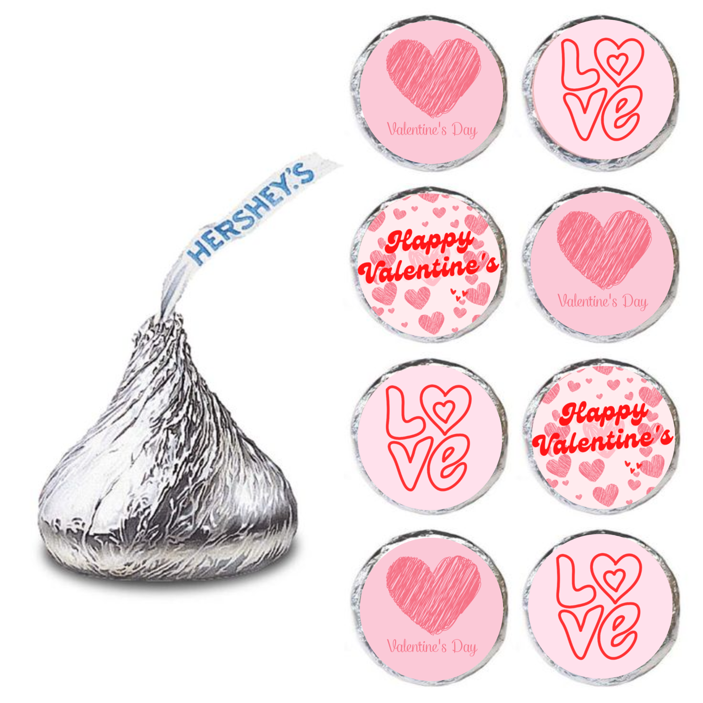 Valentines Treat Stickers | Candy Kiss Labels | Glossy Vinyl | 100ct| Self Adhesive Treat Seals