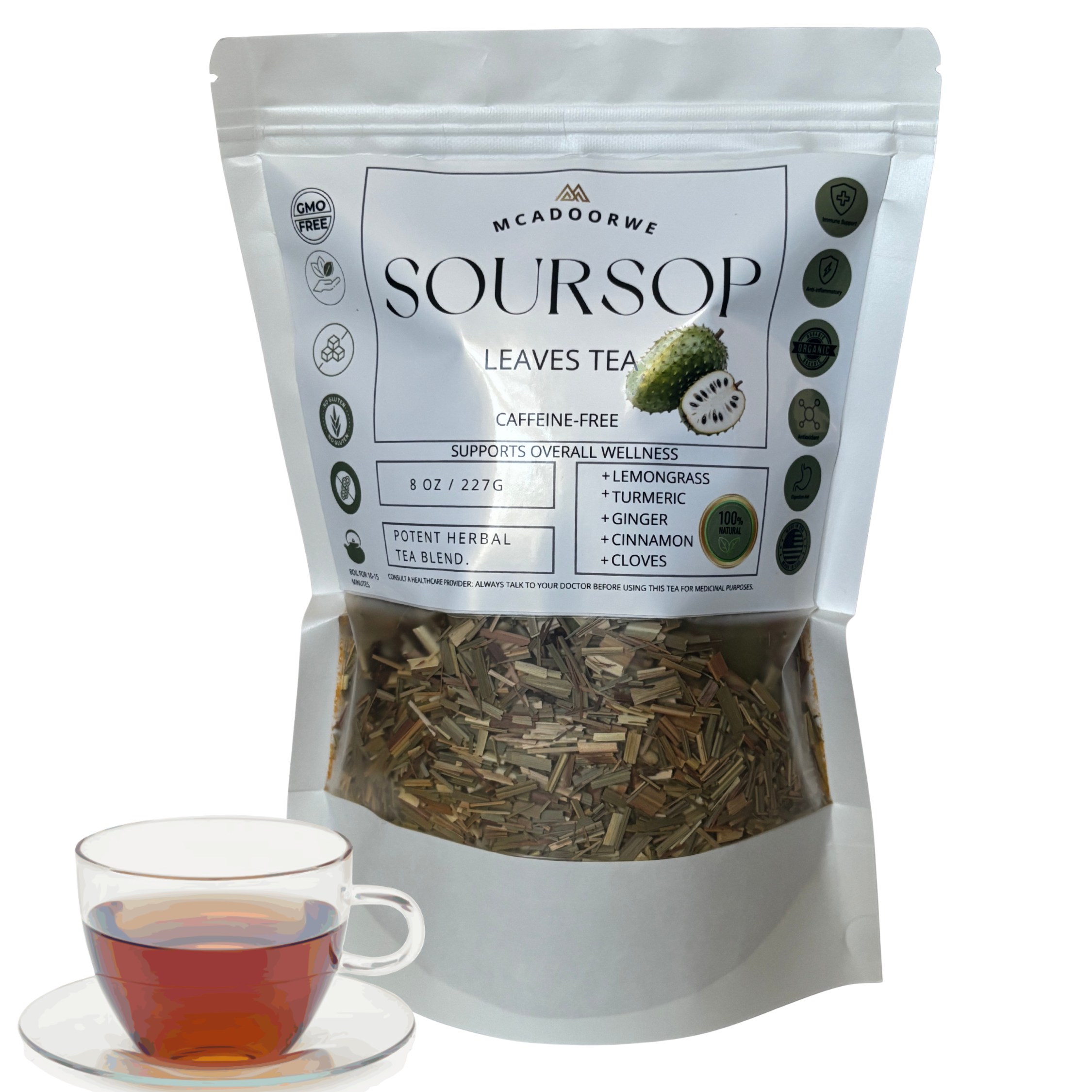 Soursop and Lemongrass Tea with Turmeric, Ginger, Cinnamon & Cloves | Herbal Loose Leaf Tea with Mini Metal Infuser | Daily Wellness