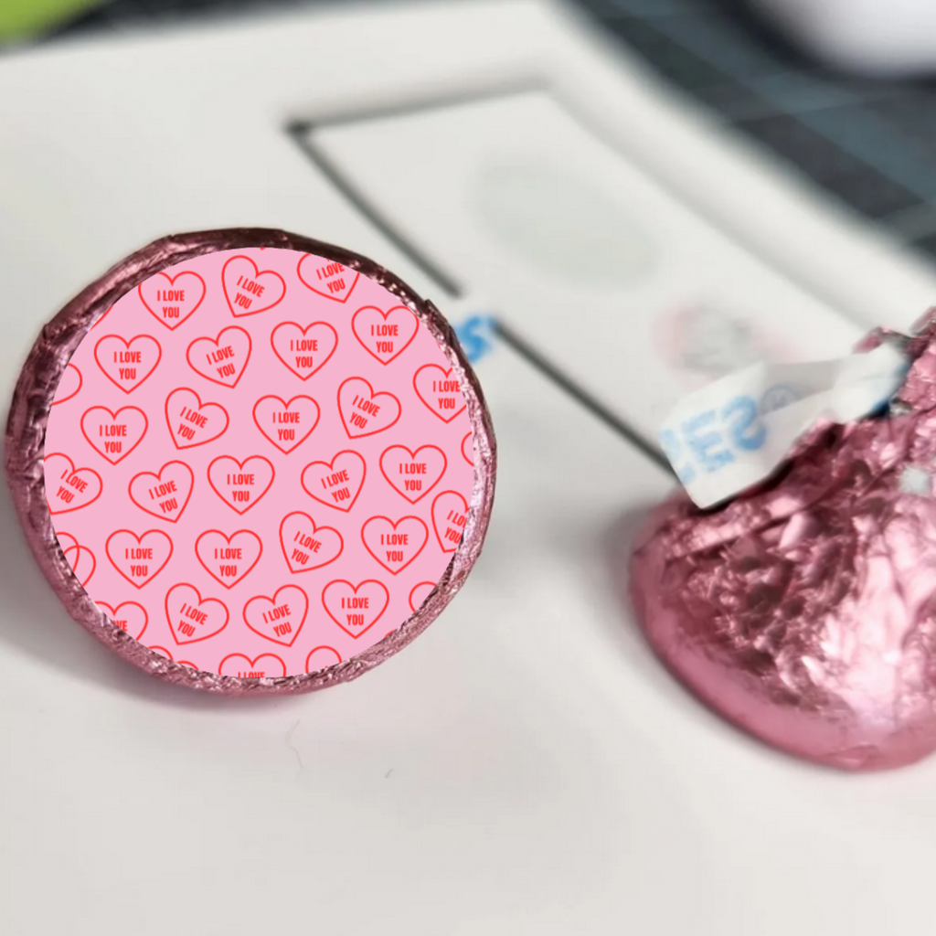 Valentines Candy Kiss Stickers | Glossy Vinyl Party Decor | 100 Count | Self Adhesive Treat Seals
