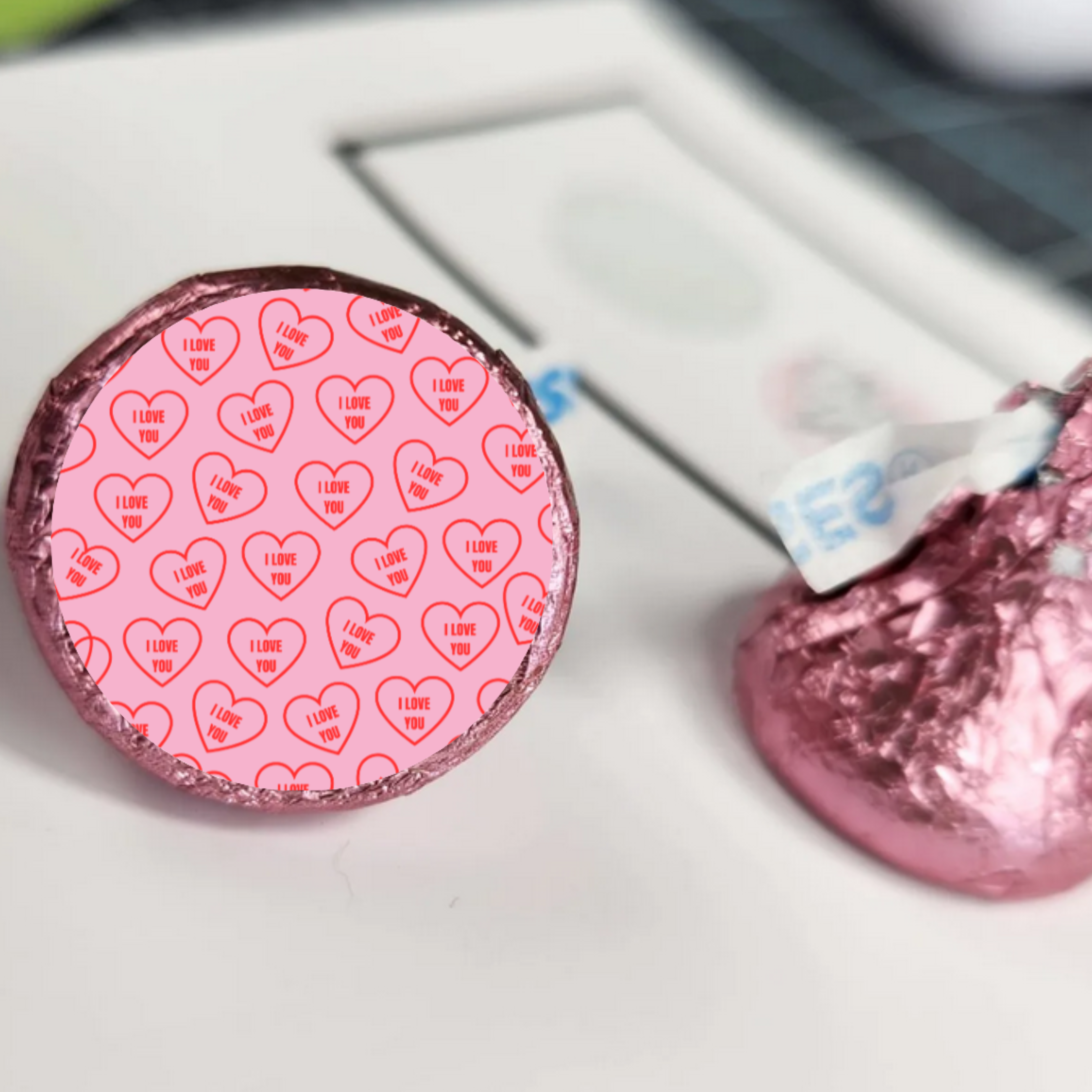 Valentines Candy Kiss Stickers | Glossy Vinyl Party Decor | 100 Count | Self Adhesive Treat Seals