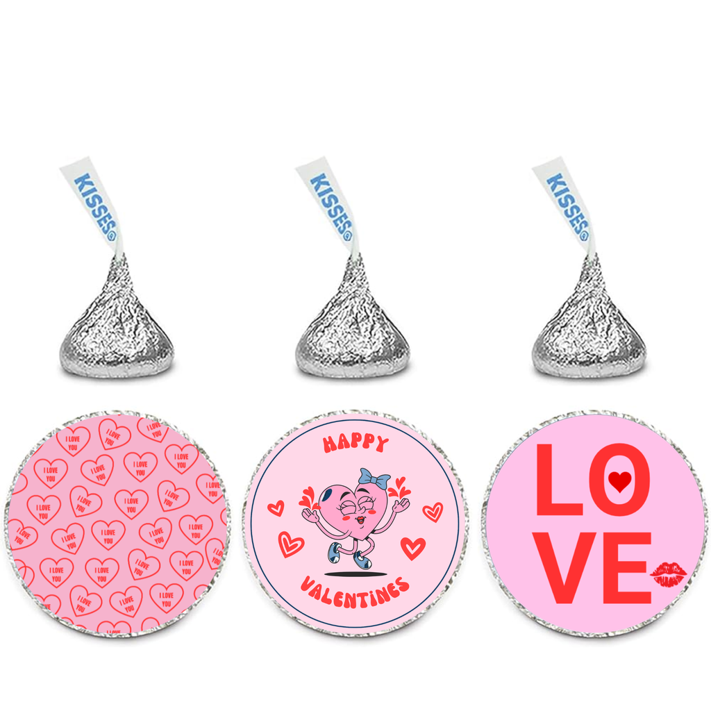 Valentines Candy Kiss Stickers | Glossy Vinyl Party Decor | 100 Count | Self Adhesive Treat Seals