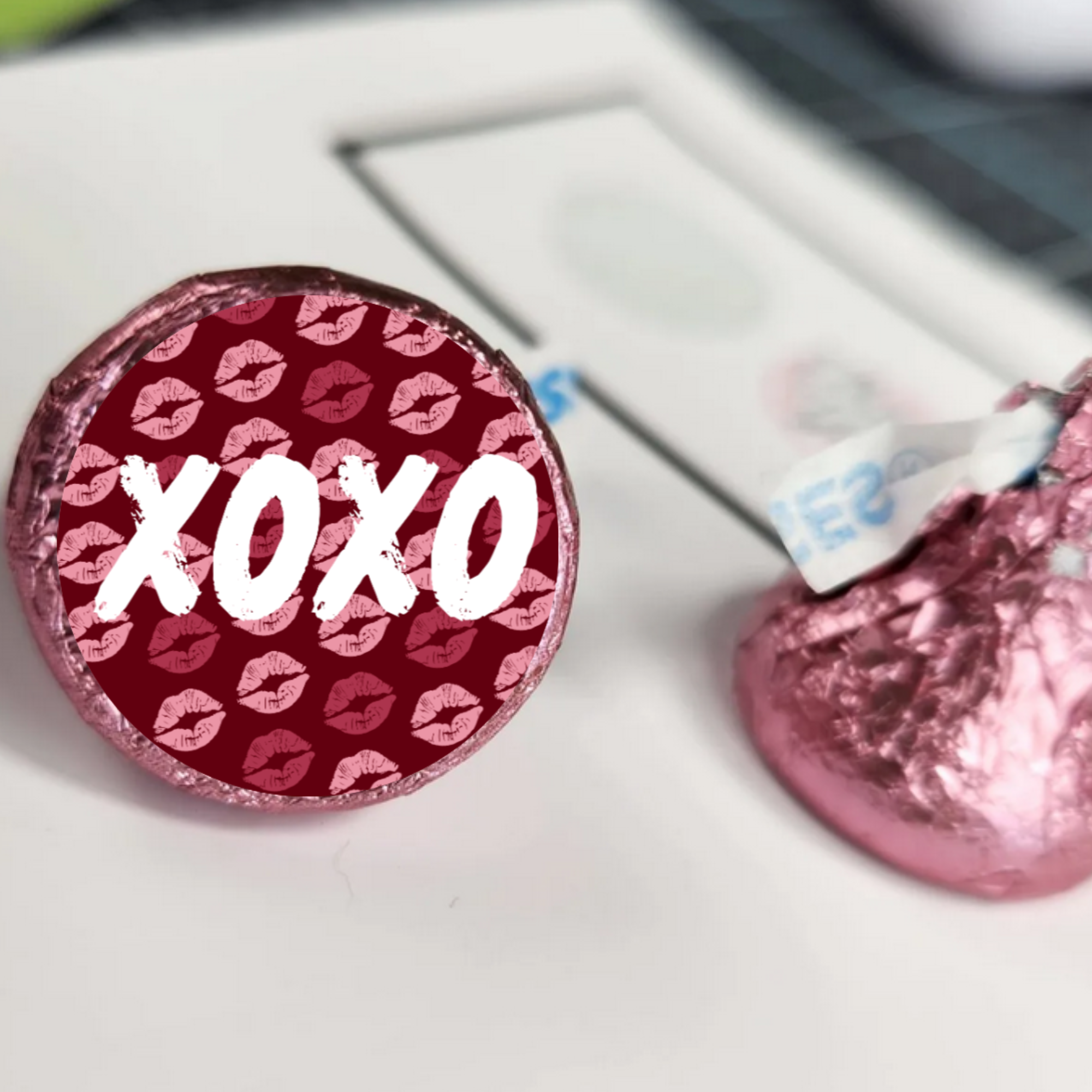 Valentines Treat Stickers | Candy Kiss Labels 0.75in | Glossy | 100 Glossy Kiss Stickers | Easy Peel Stick